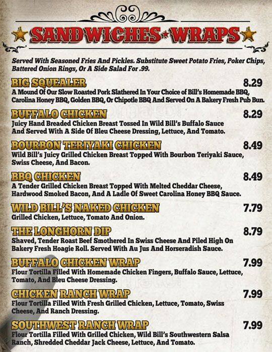 Menu at Wild Bill's Sports Saloon Grand Forks pub & bar, Grand Forks