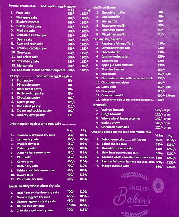 Menu at English baker's, Panchkula