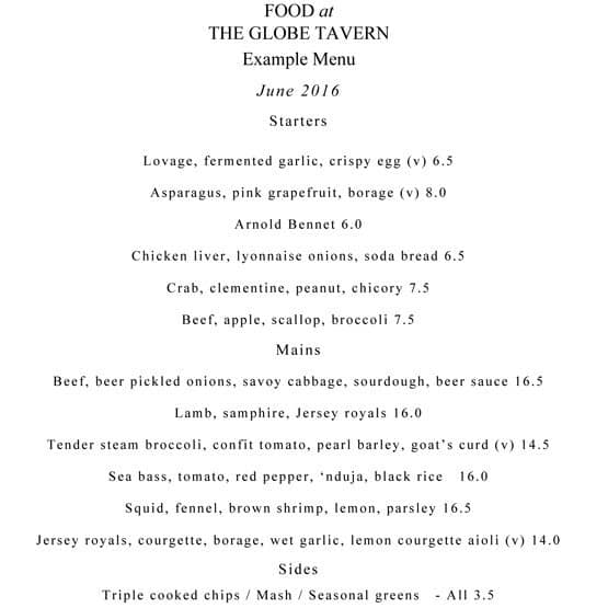 Menu At The Globe Pub Bar London 8 Bedale St