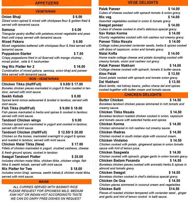 Swagat India Menu, Menu for Swagat India, Maungaraki, Wellington