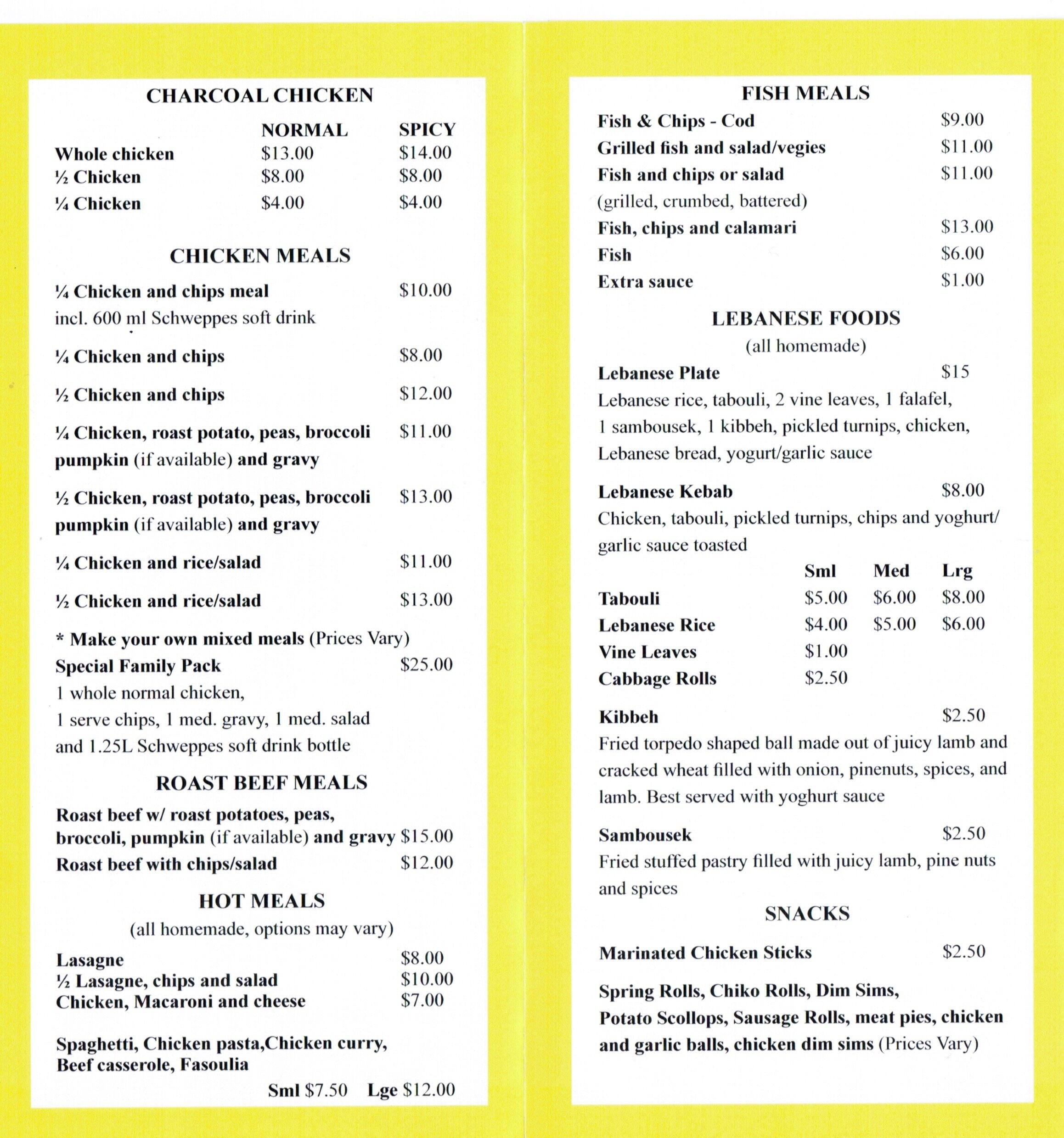 Robyns Charcoal Chicken a Brisbane Foto del Menu con Prezzi Urbanspoon/Zomato