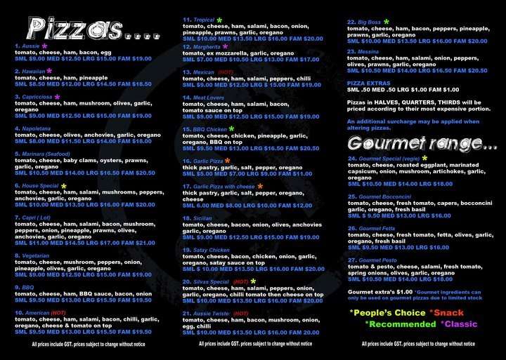 Menu at Shannon Pizza pizzeria, Geelong West