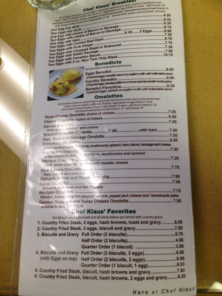 Menu at Chef Klaus Country Cookin restaurant, Mokena