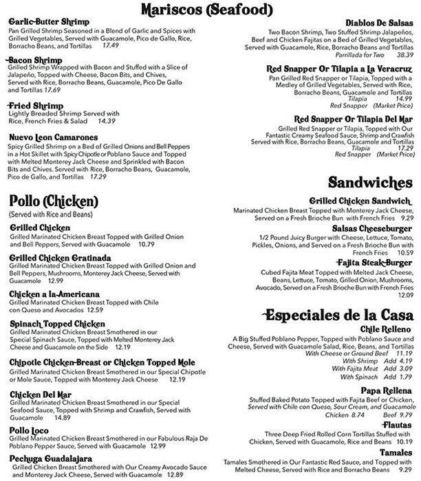 Menu at Salsas Seaside Cafe, Galveston