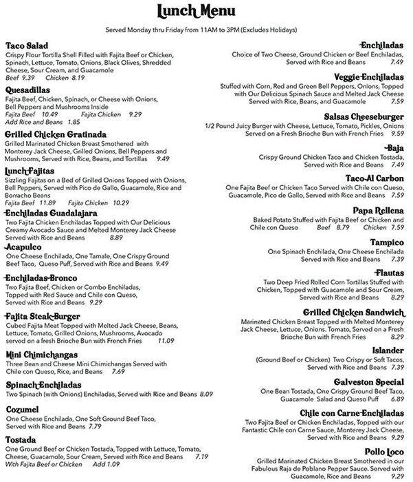 Menu at Salsas Seaside Cafe, Galveston