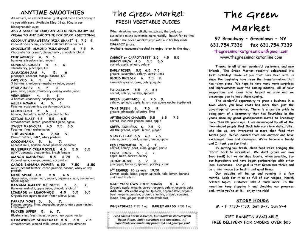 The Green Market Menu, Menu for The Green Market, Greenlawn, Long