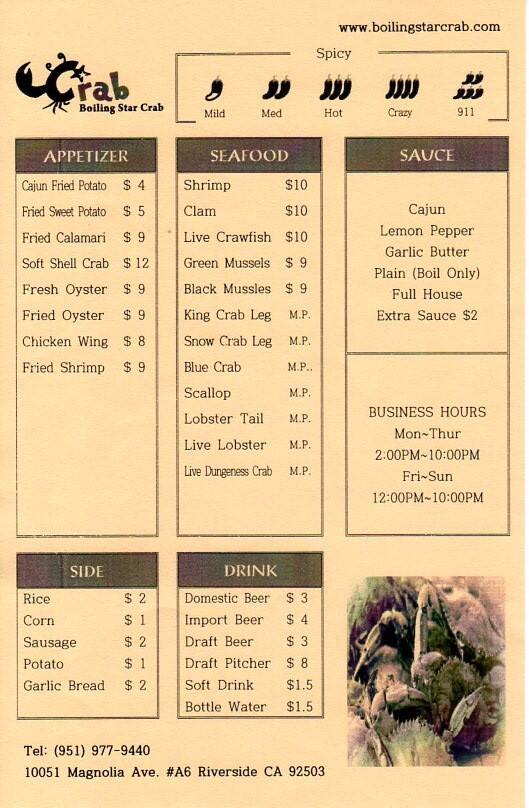 Menu at Star Crab restaurant, Riverside