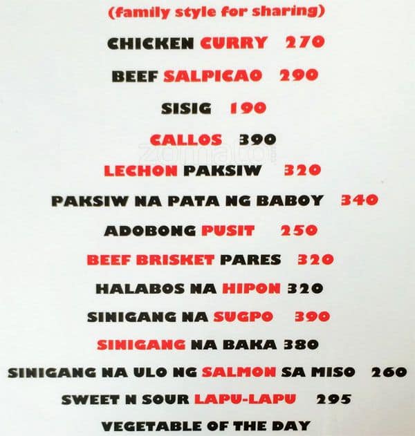 Menu at IHAP International House of Almusal ng Pinoy restaurant, Parañaque