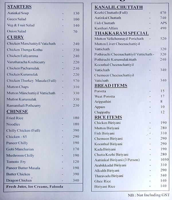 Menu of Thakkaaram Restaurant Kazhakoottam, Kulathoor, Trivandrum
