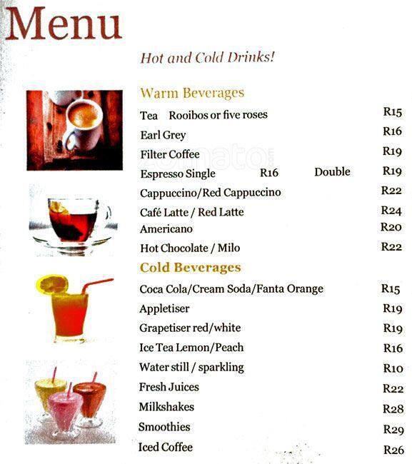 Menu at Art Cafe, Cape Town, Harbour Road