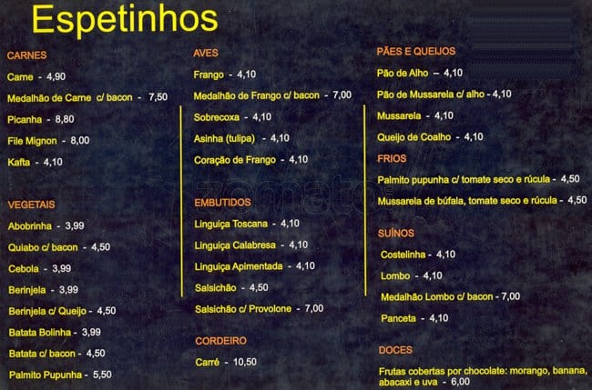 Menu at Empório Gaúcho restaurant, São Paulo