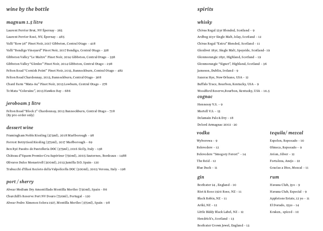 Menu at Rata restaurant, Queenstown