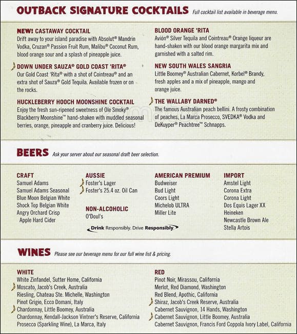 Outback Steakhouse Menu, Menu for Outback Steakhouse, Chesterbrook