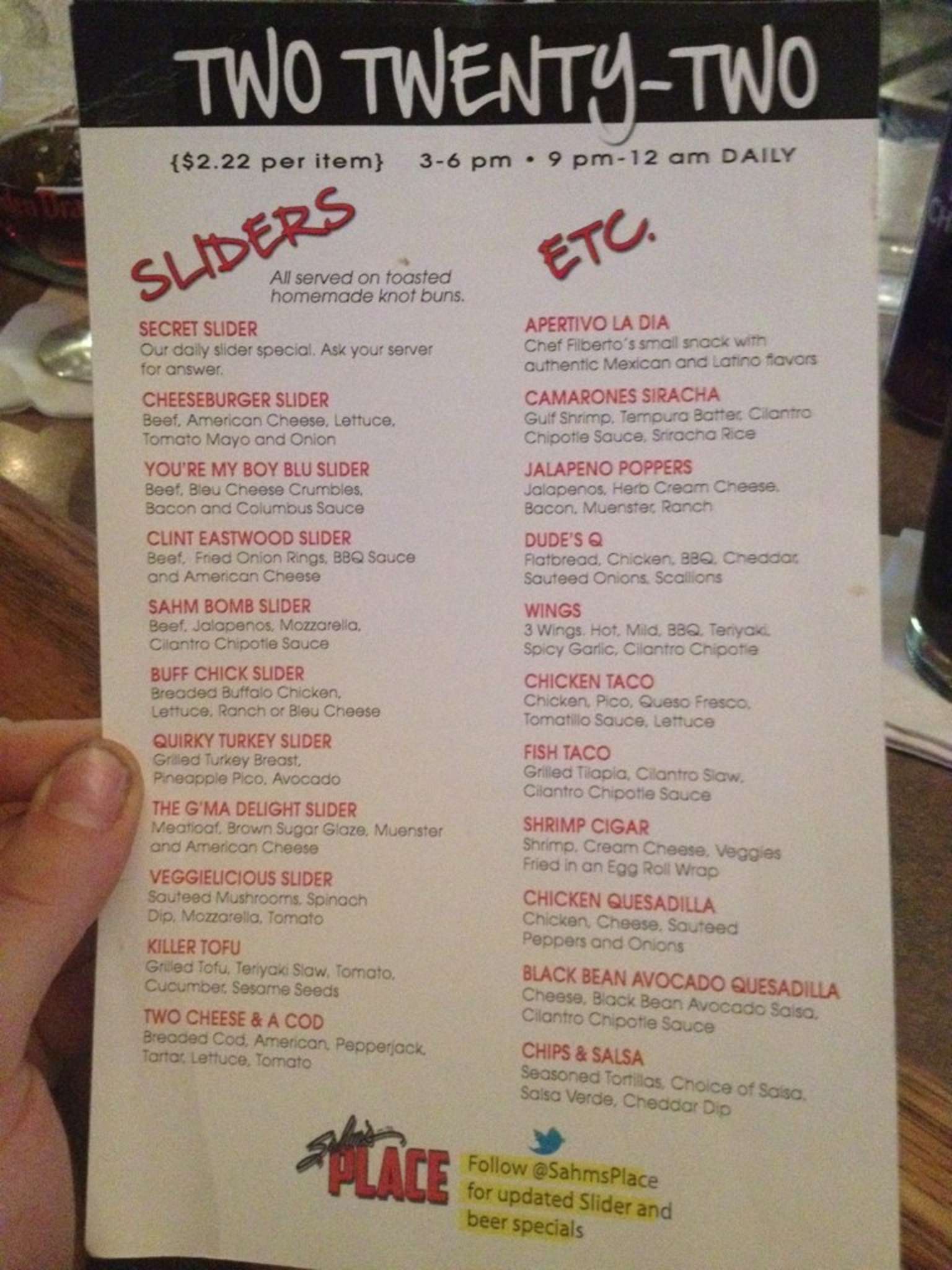 Menu at Sahm's Place restaurant, Indianapolis, E 65th St