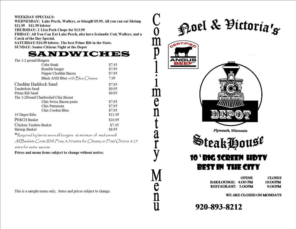 Depot Steak House Menu, Menu for Depot Steak House, Plymouth, Sheboygan