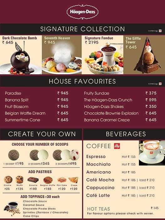 Menu Of Haagen Dazs Shops, Ballygunge, Kolkata