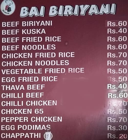 Menu at Bai Biriyani, Chennai, 124