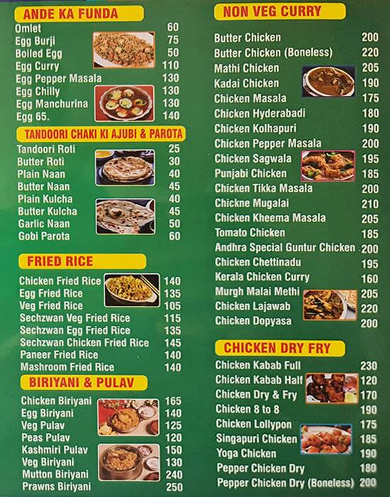Menu at Oasis, Bengaluru, 25/1