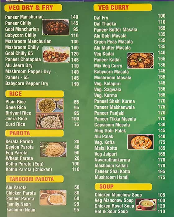 Menu of Oasis, Rajarajeshwari Nagar, Bangalore