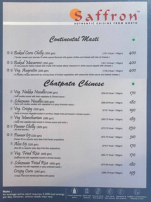 Menu of Saffron, Abids, Hyderabad