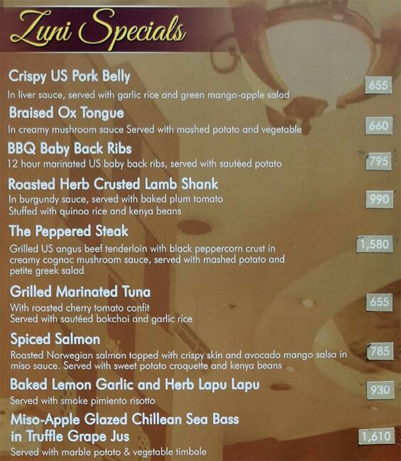 Menu at Zuni pub & bar, Makati
