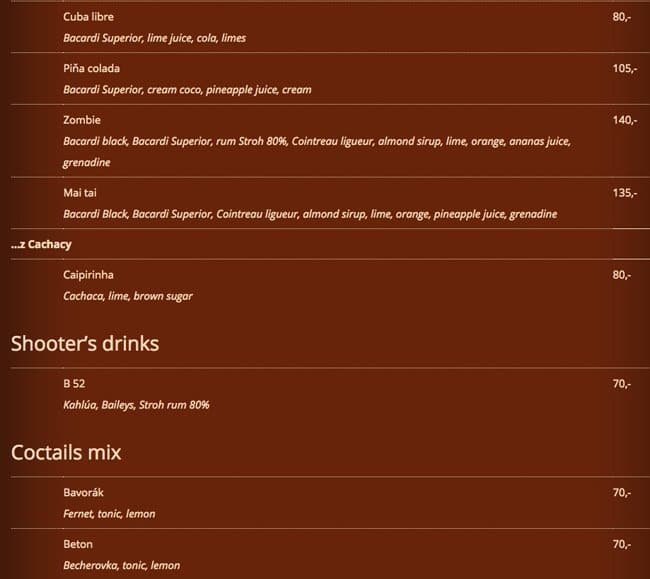 Menu at Beer Garden Riegrovy Sady pub & bar, Prague