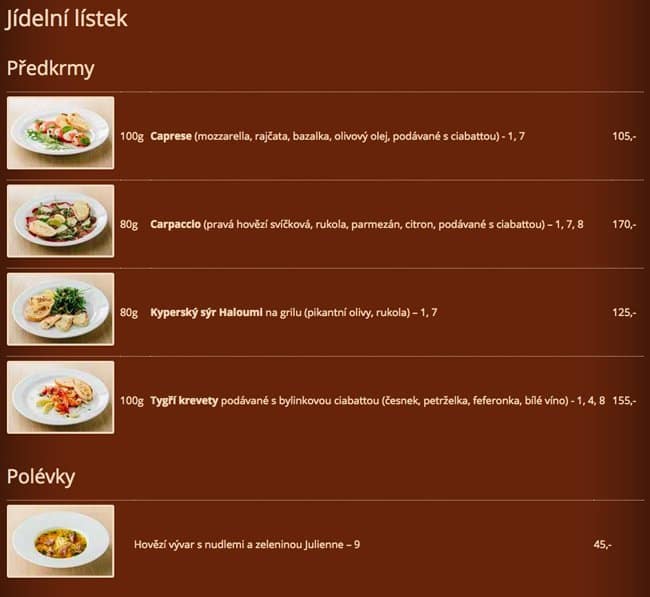 Menu at Beer Garden Riegrovy Sady pub & bar, Prague