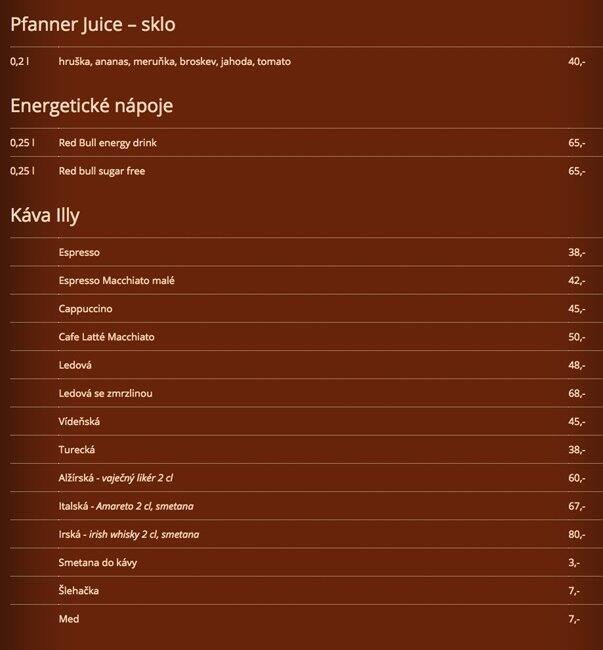 Menu at Beer Garden Riegrovy Sady pub & bar, Prague