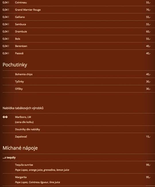 Menu at Beer Garden Riegrovy Sady pub & bar, Prague