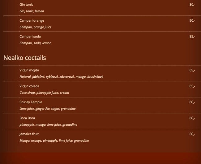 Menu at Beer Garden Riegrovy Sady pub & bar, Prague