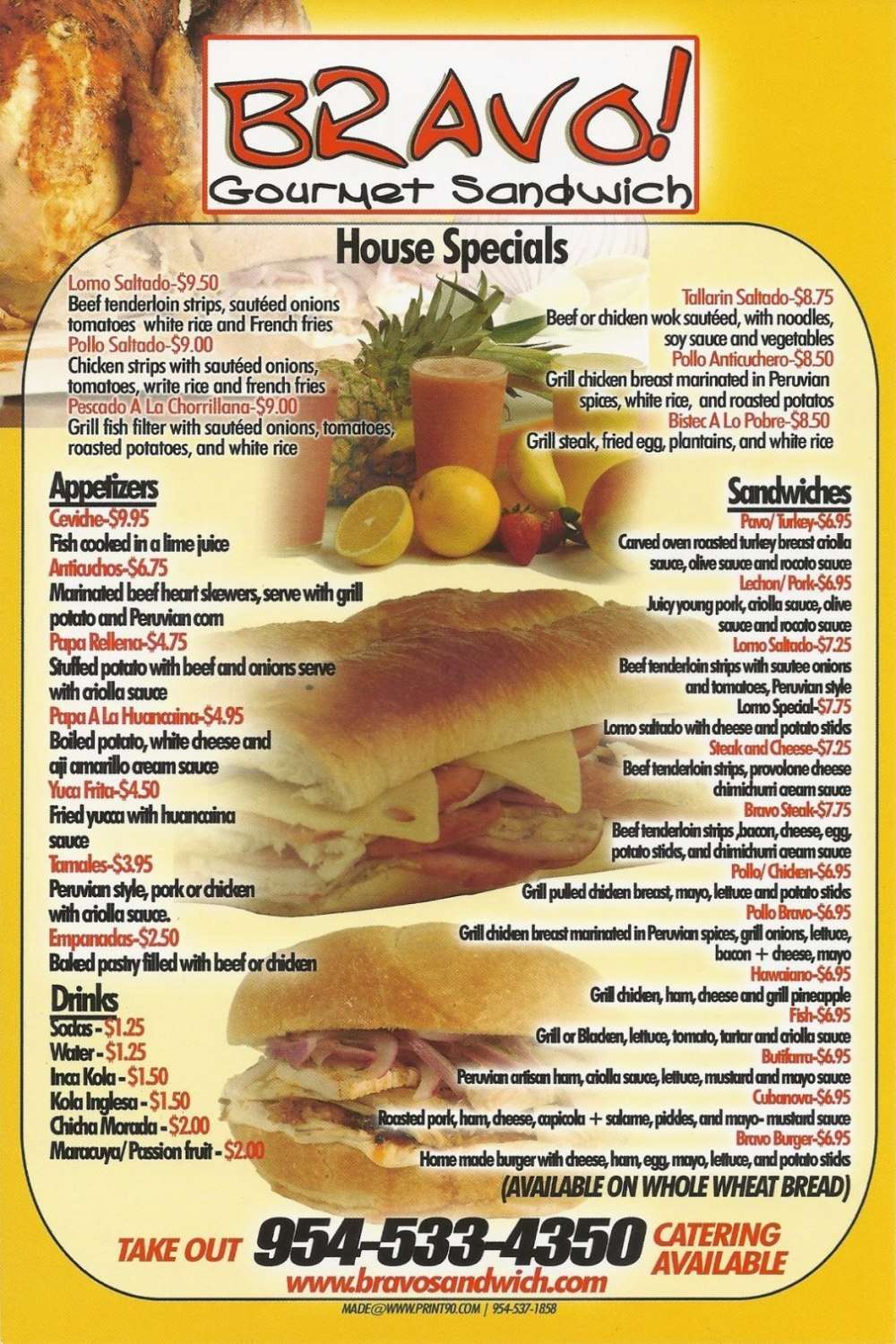 Bravo Gourmet sandwich Menu, Menu for Bravo Gourmet sandwich, Oakland Park/Wilton Manors, Miami