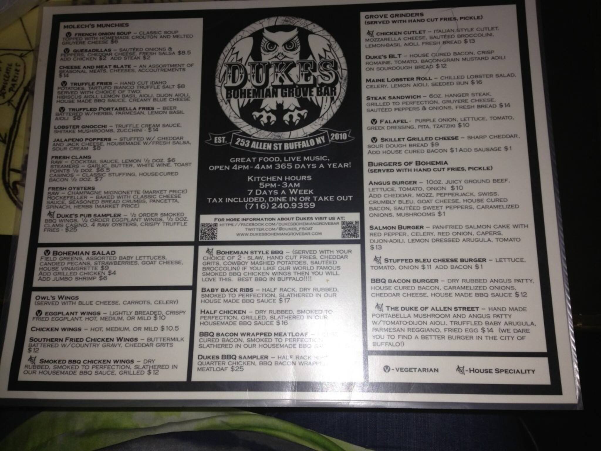 Menu at Duke's Bohemian Grove Bar, Buffalo, 256 Allen St