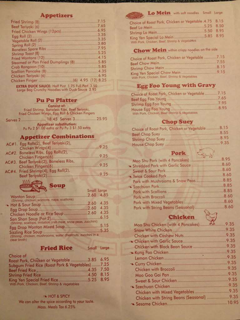 Menu at new king yen too chinese restaurant southwick