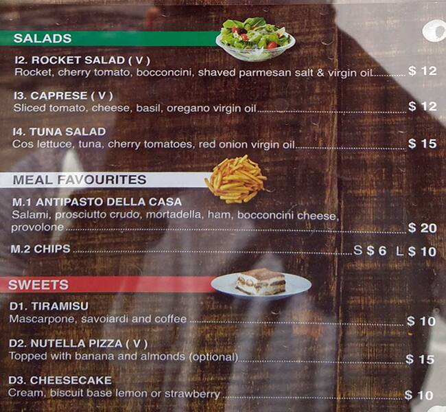 Menu at Tarantini pizzeria, Clifton Hill