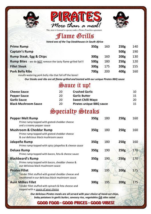 Pirates Steakhouse & Pub Menu Zomato SA