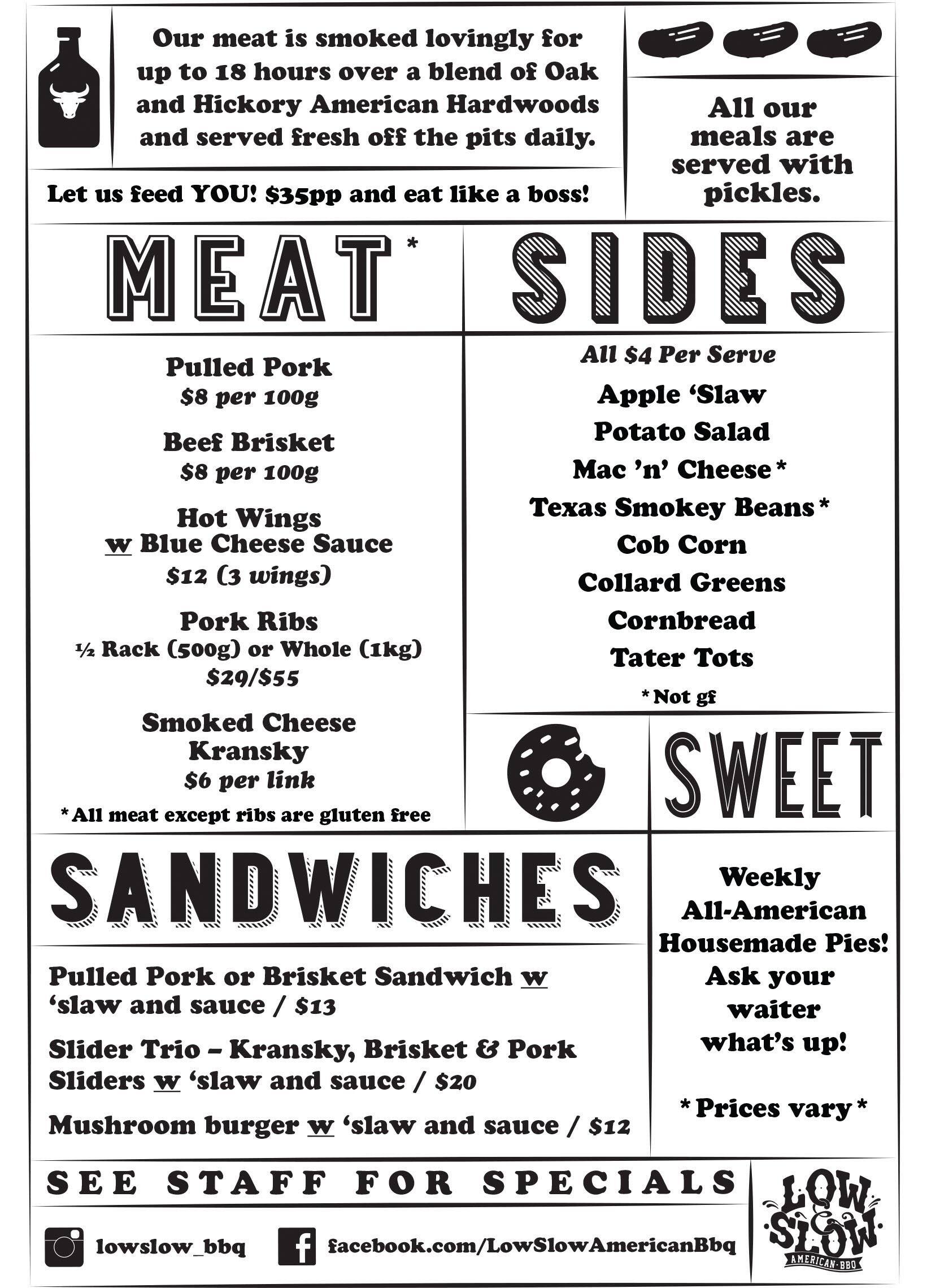 Menu at Low & Slow American BBQ, Port Adelaide
