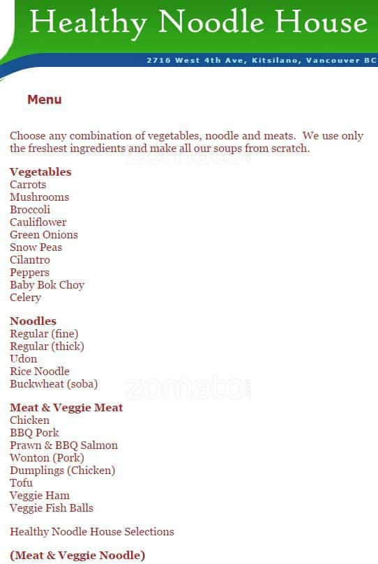 Healthy Noodle House Menu, Menu for Healthy Noodle House, Kitsilano
