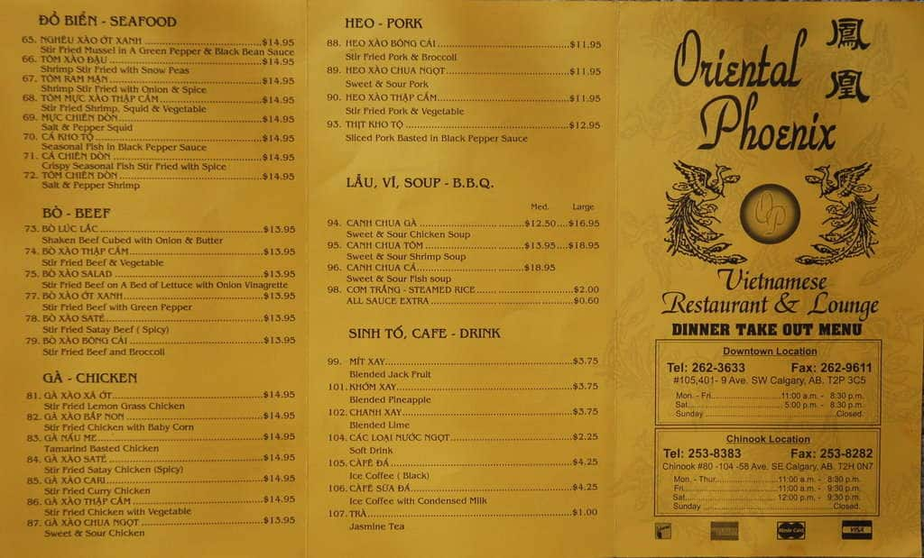 Oriental Phoenix Menu, Menu for Oriental Phoenix, Stephen Avenue ...