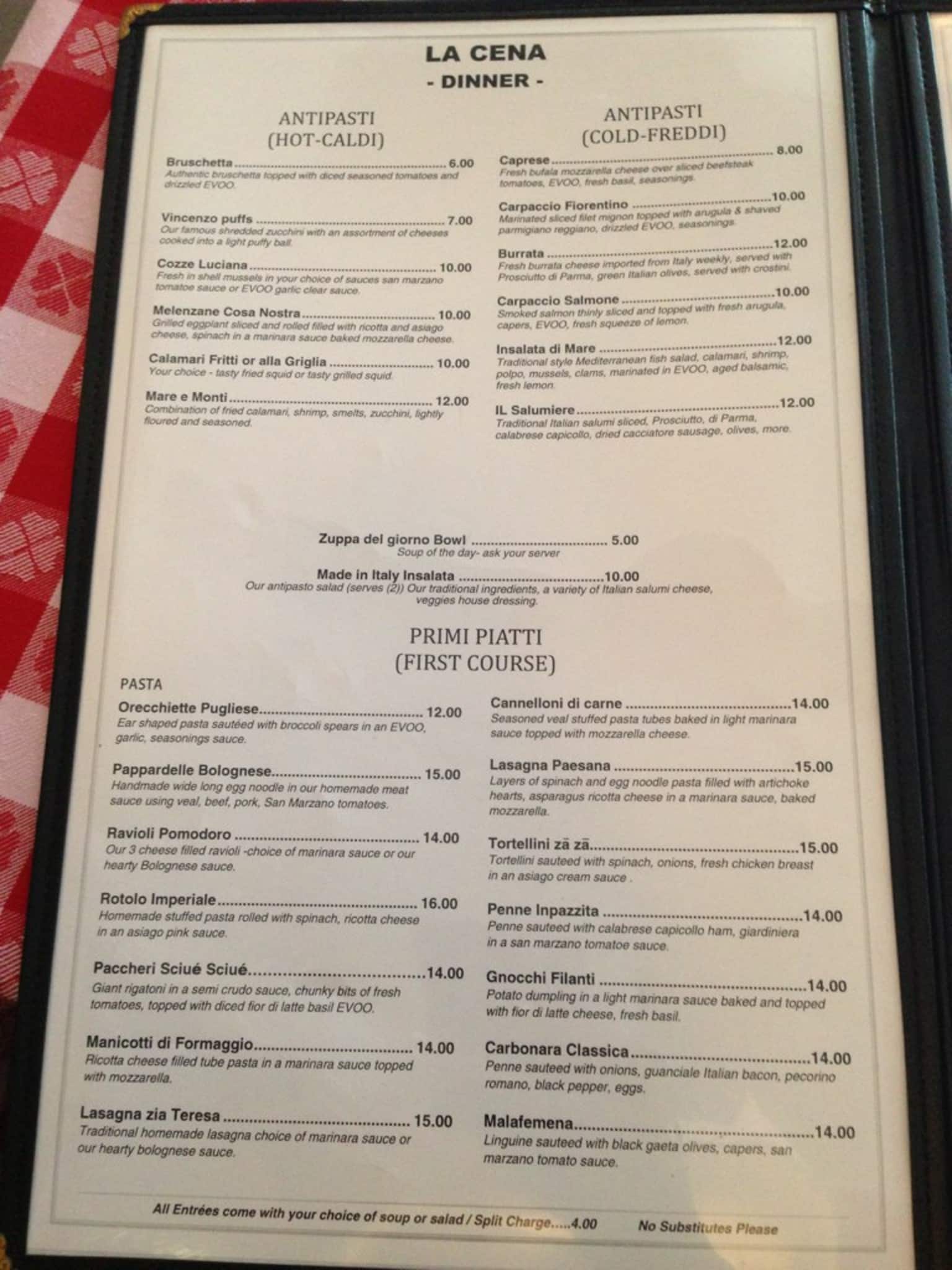 Menu at Made in Italy Trattoria restaurant, Glen Ellyn, 476 Forest Ave