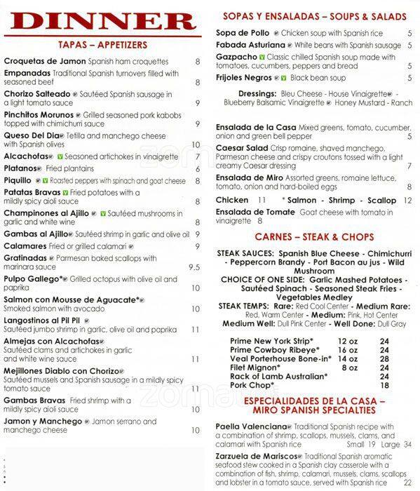 Menu at Miro Spanish Grill steakhouse, Charlotte, N Community House Rd 102