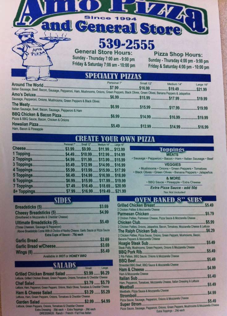 Amo Pizza Shop Menu, Menu for Amo Pizza Shop, Coatesville, Indianapolis