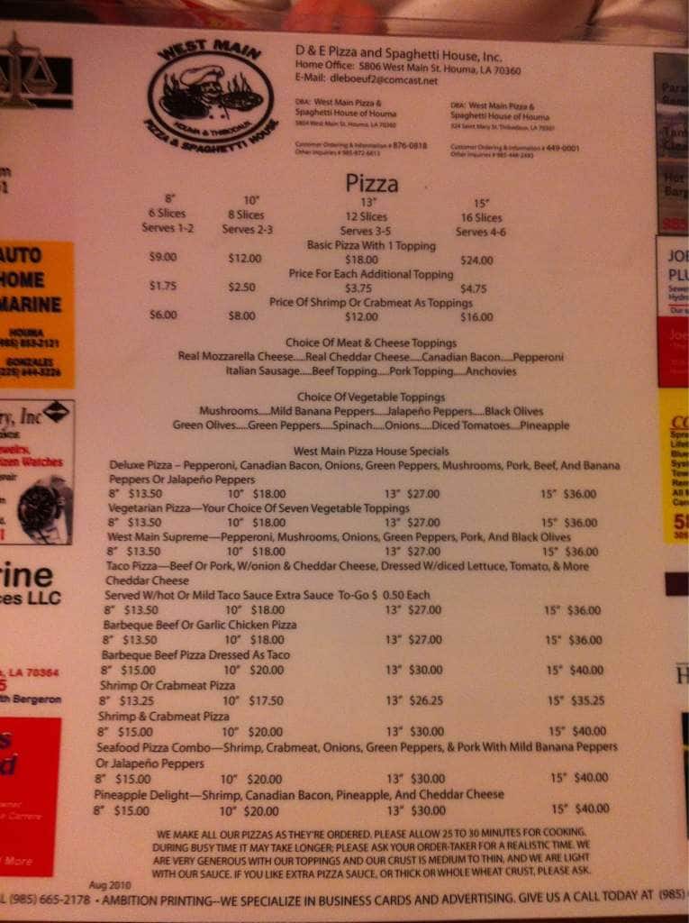 Menu at West Main Pizza pizzeria, Houma