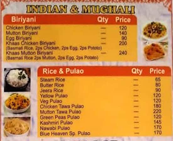 Blue Heaven Restaurant menu