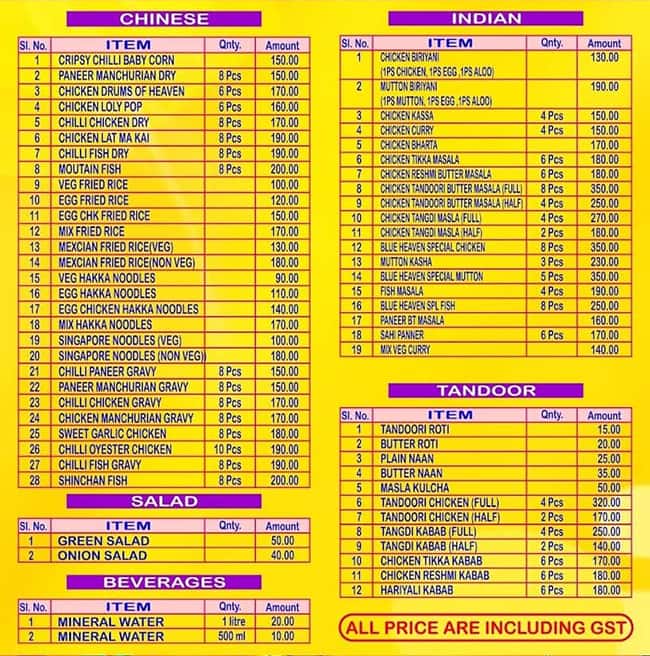 Blue Heaven Restaurant menu