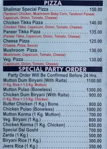 Hotel Shalimar Inn menu