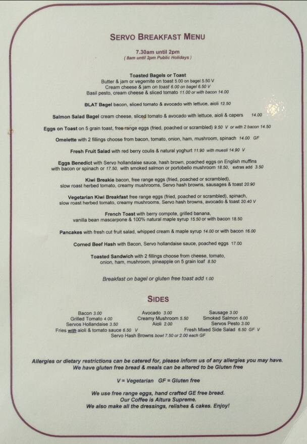 Menu at The Servo Cafe, Auckland