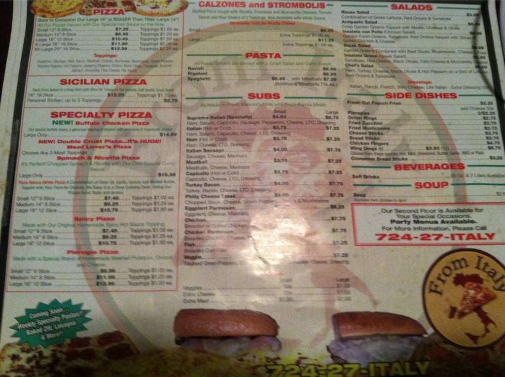From Italy Menu Menu For From Italy Springdale Pittsburgh