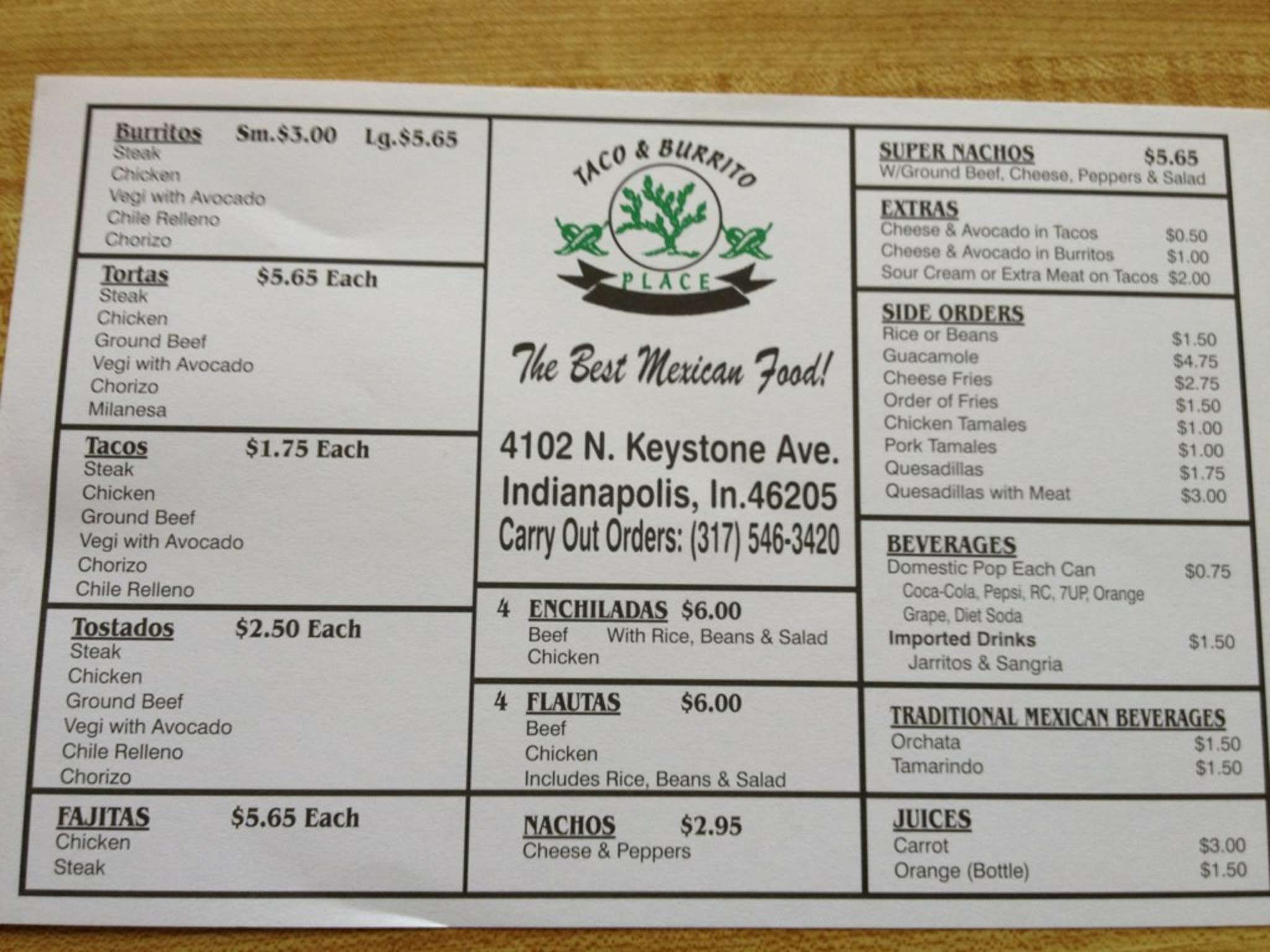 Menu at Taco and Burrito Place restaurant, Indianapolis