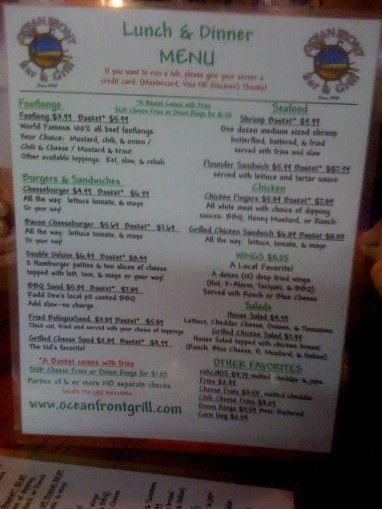 Menu at Ocean Front Bar & Grill, Myrtle Beach, 100 9th Ave N