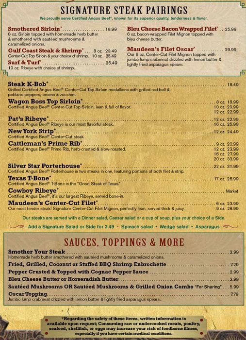 Menu at Saltgrass Steak House steakhouse, Waco